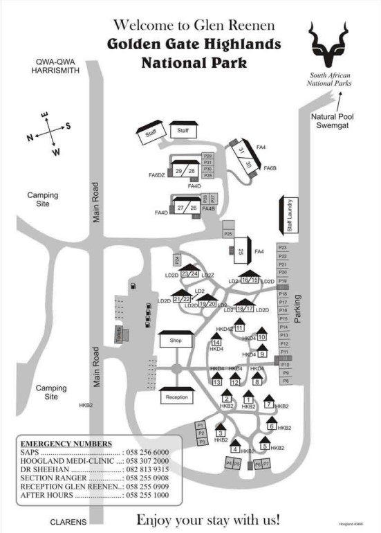Glen Reened rest Camp Golden Gate Highlands National Park Map